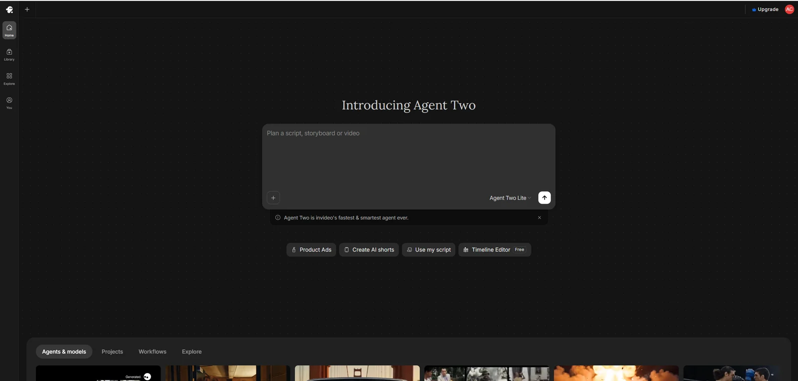 InVideo Agent Two Lite workspace with projects, workflows, and media models