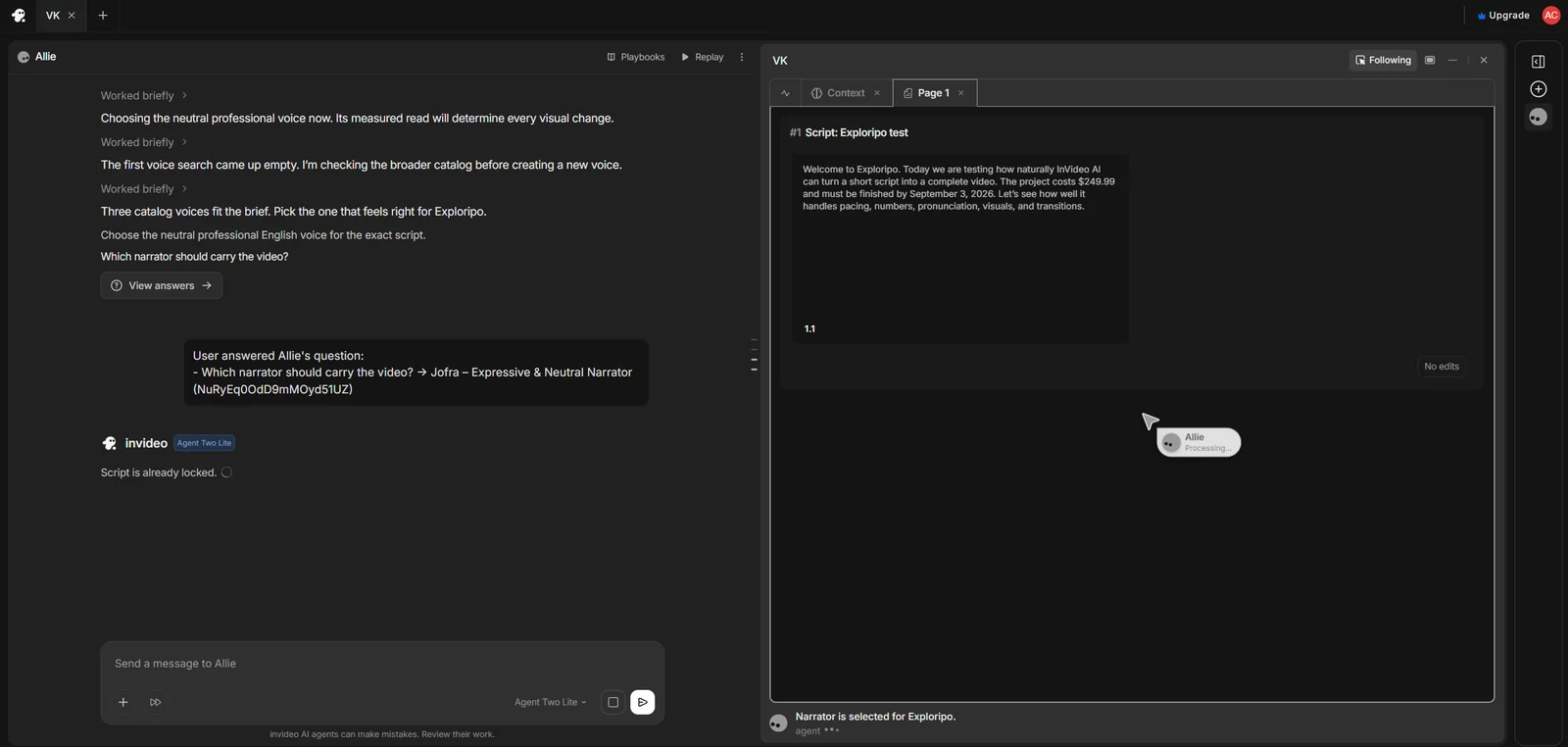 Jofra narrator selected with the exact script locked in InVideo