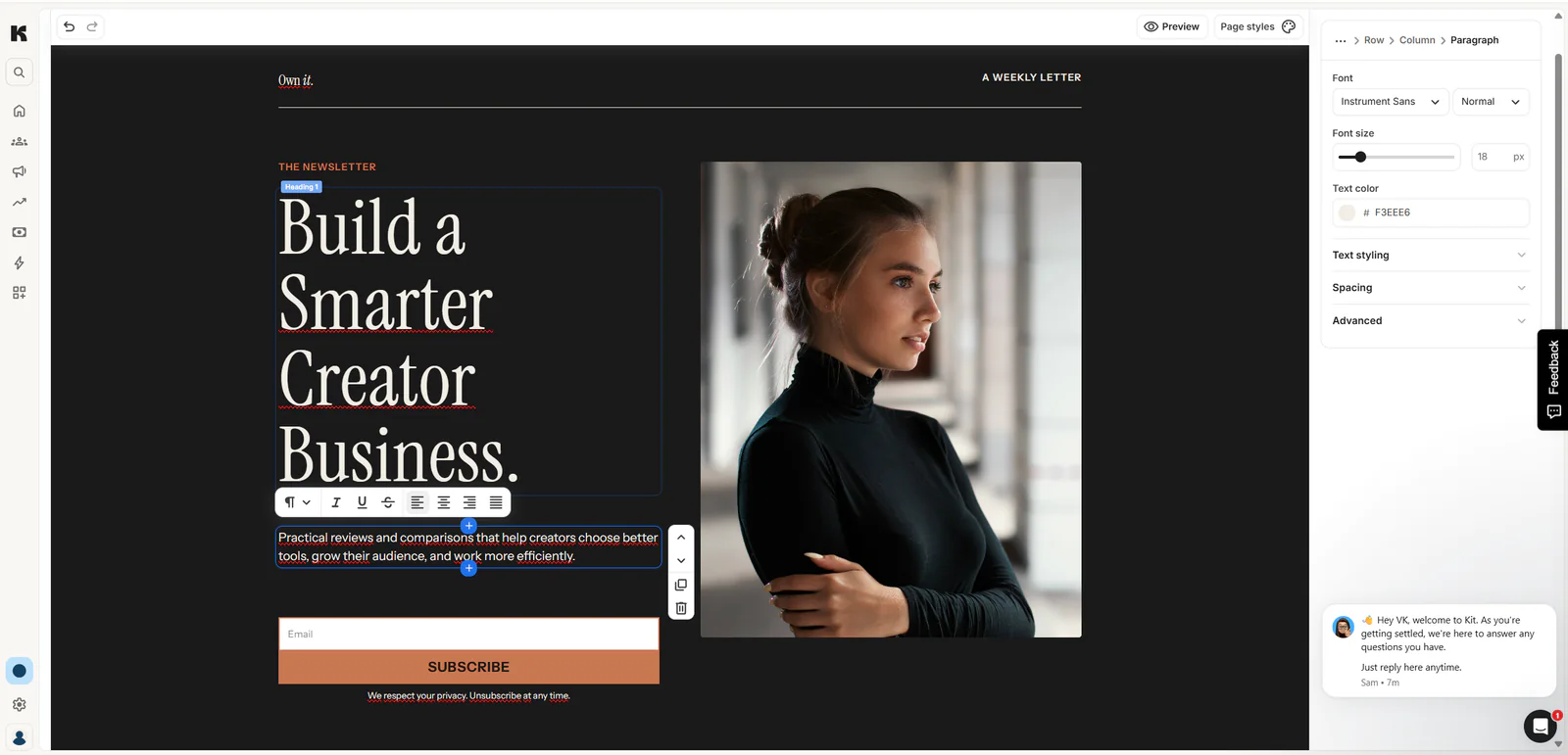 Customized creator landing page in the Kit editor
