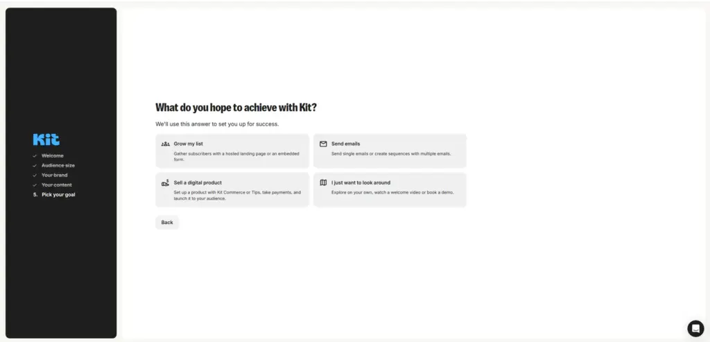 Kit onboarding screen for choosing a creator goal