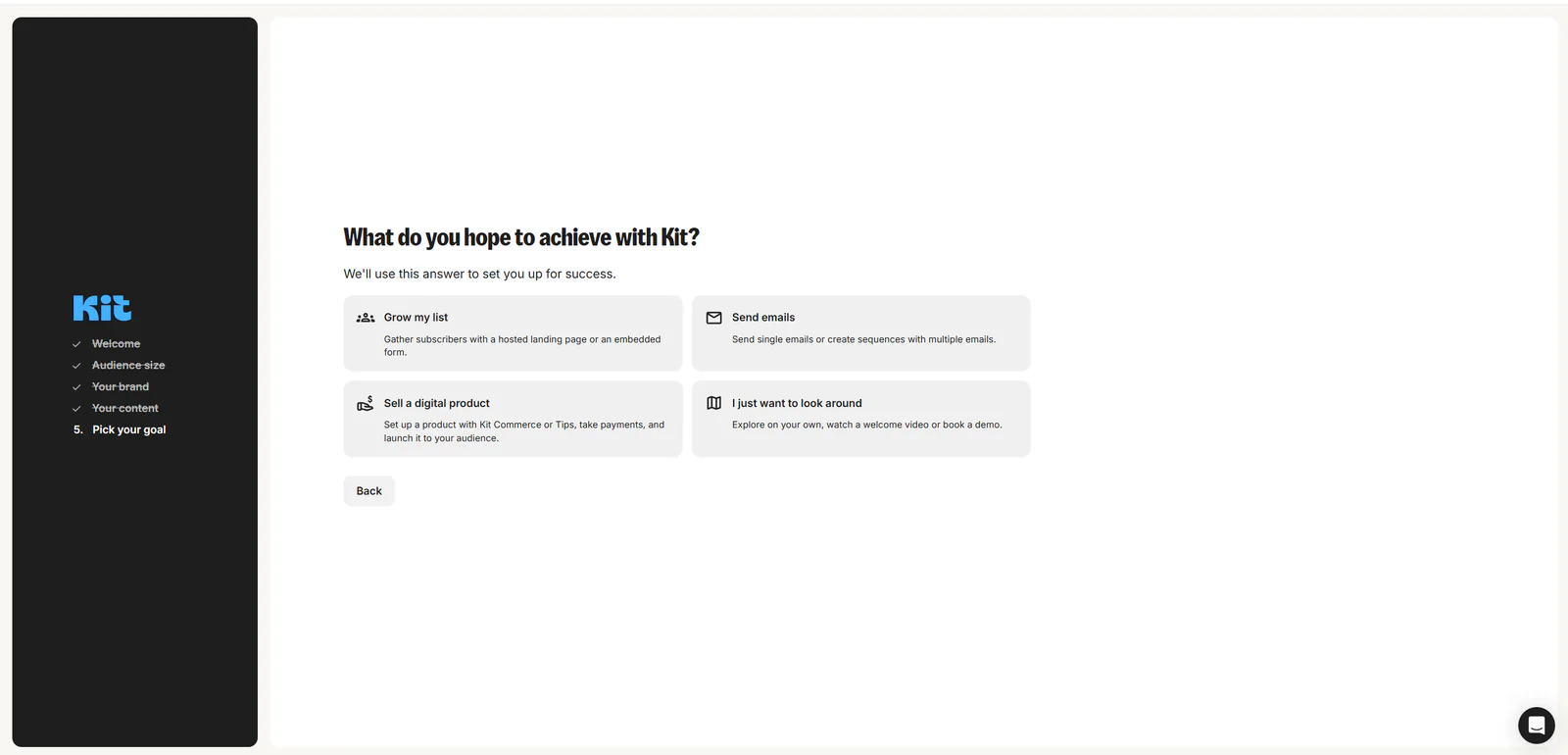 Kit onboarding screen for choosing a creator goal