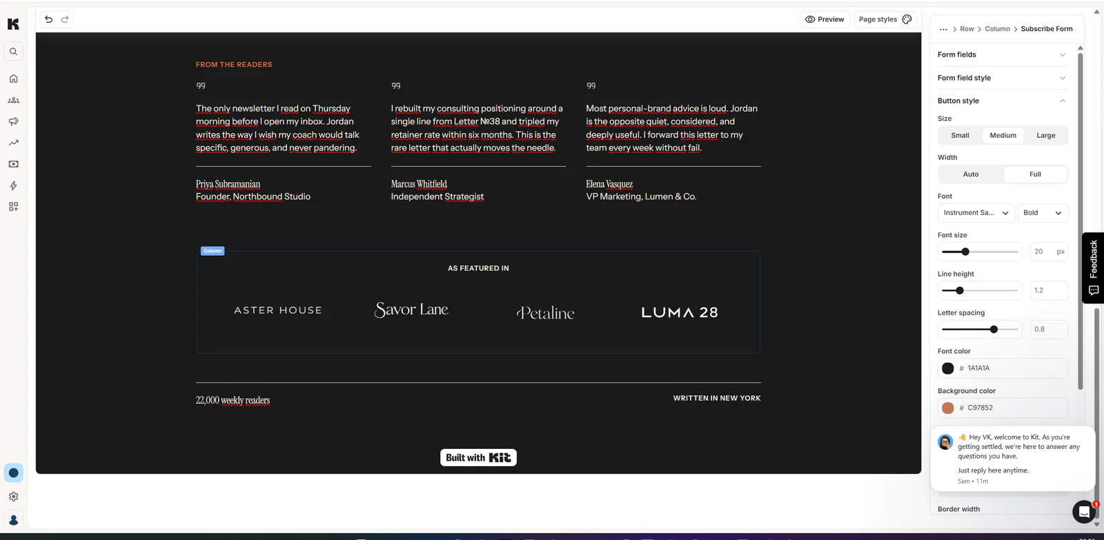 Lower Kit template sections containing placeholder content and branding