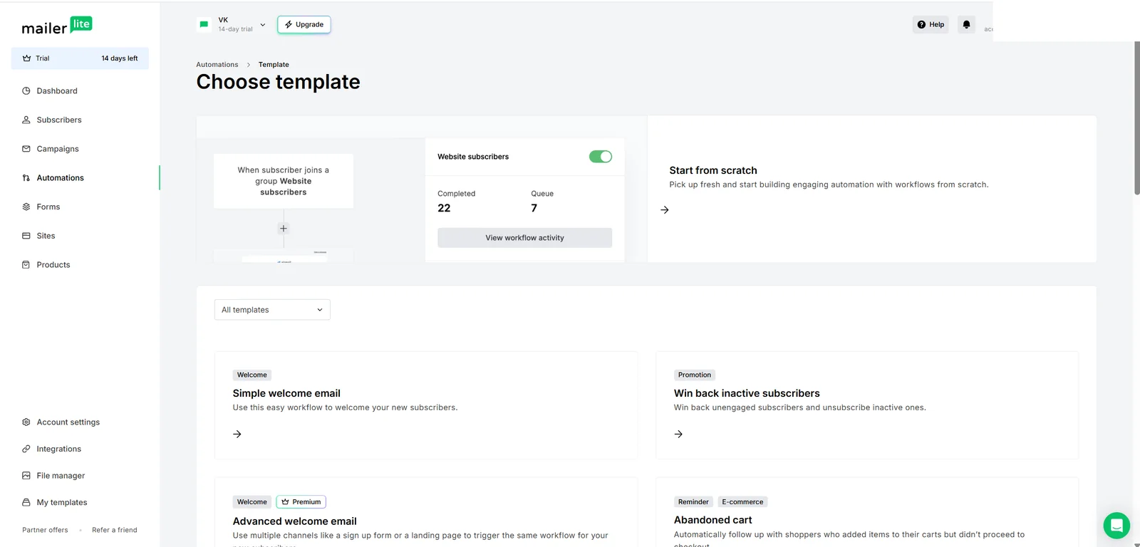 MailerLite automation template gallery with simple and advanced workflows