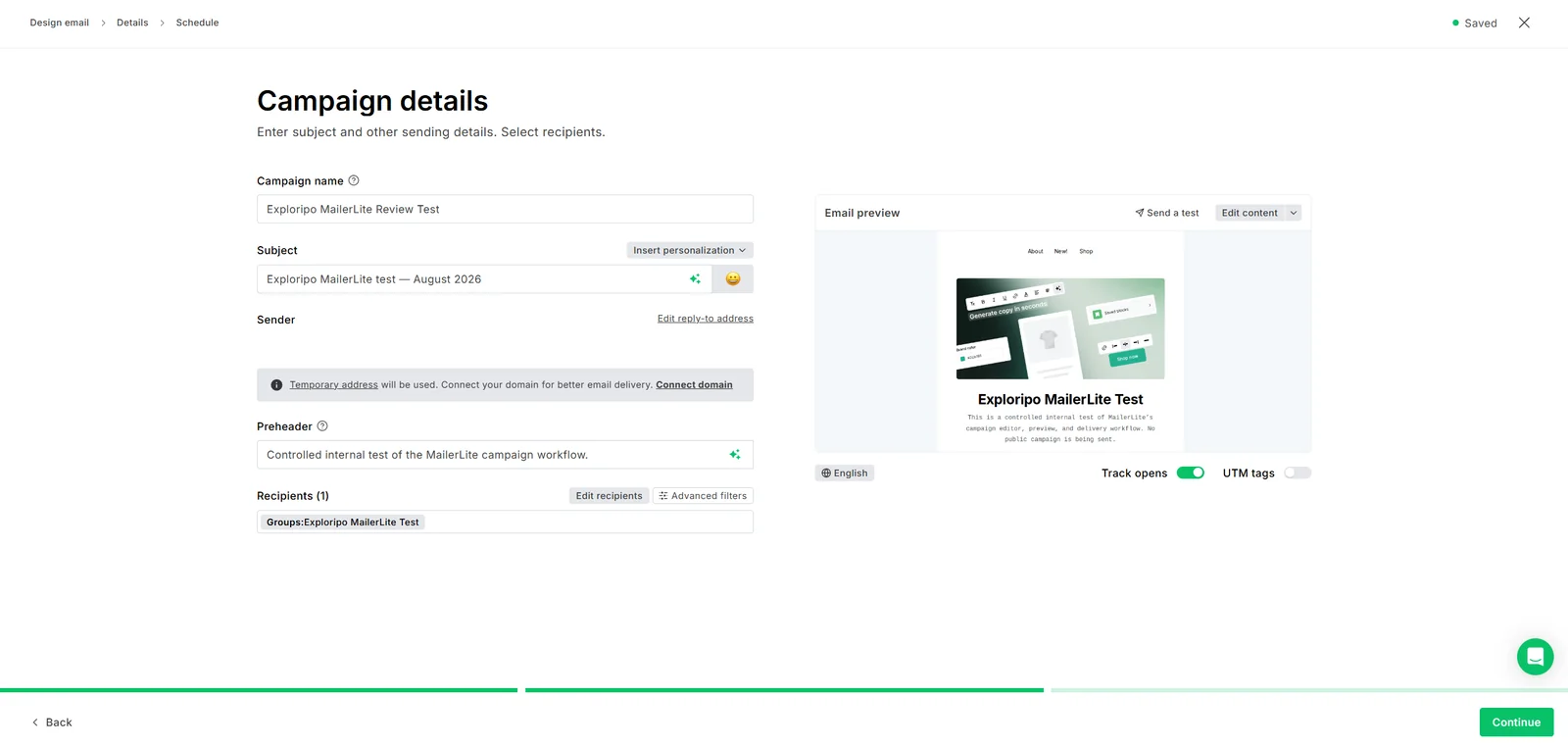 Configured MailerLite campaign details limited to one controlled group