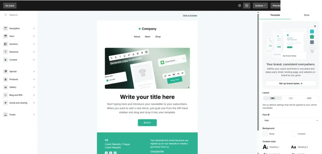 MailerLite drag-and-drop email builder with blocks, canvas, and style controls