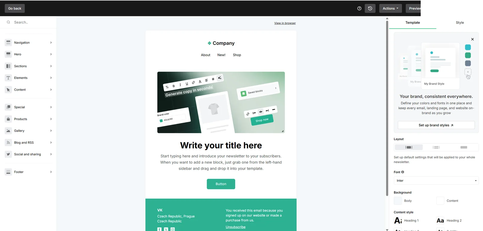 MailerLite drag-and-drop email builder with blocks, canvas, and style controls
