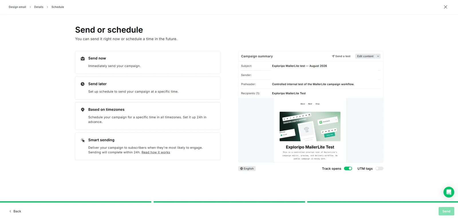 MailerLite immediate, scheduled, timezone, and Smart sending choices