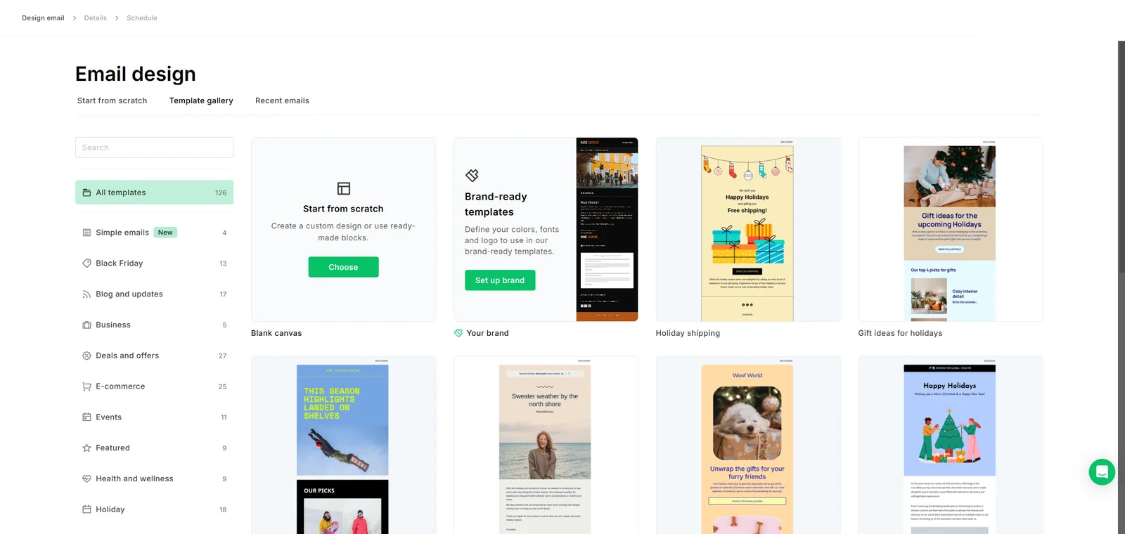 MailerLite gallery showing 126 email templates and filters