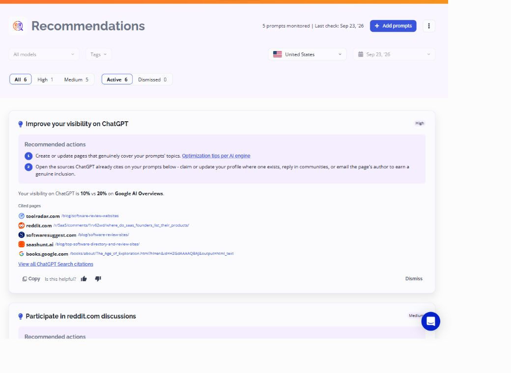 AI Search Watcher recommendations page with high and medium impact actions