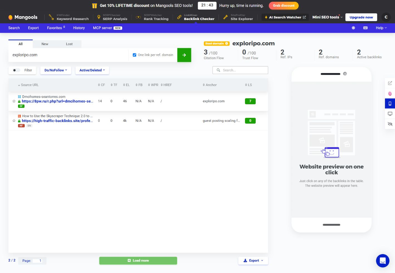LinkMiner showing two backlink rows for exploripo.com