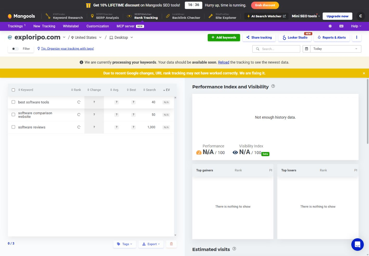 SERPWatcher tracking for exploripo.com with three keywords still processing