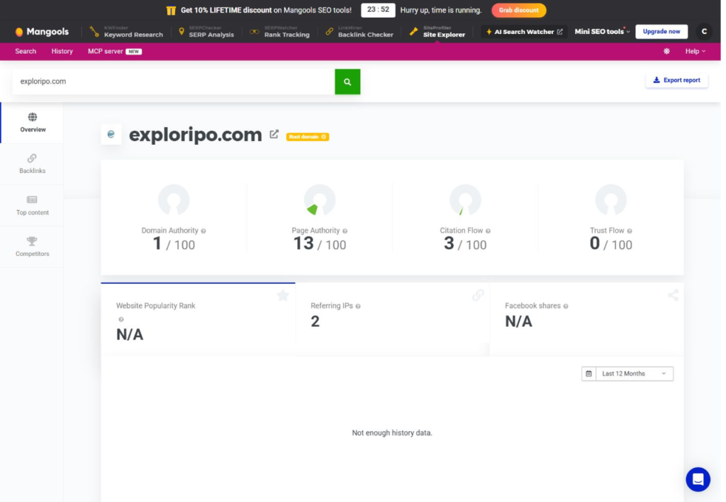 SiteProfiler overview for exploripo.com with authority metrics and insufficient history