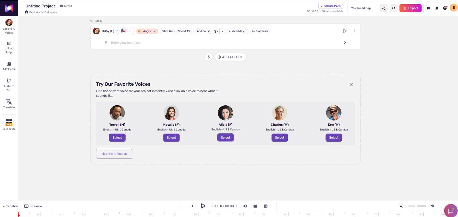 Murf.ai block editor on the Free plan with voice and delivery controls