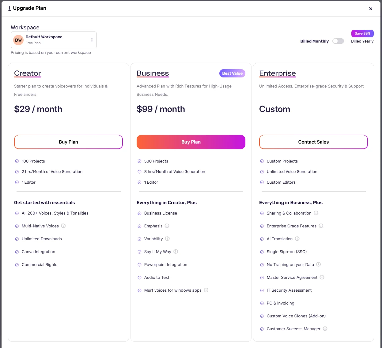 Murf.ai Studio prices with monthly billing selected during testing