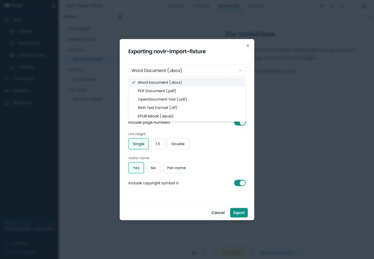 Novlr Free export menu with DOCX PDF ODT RTF and EPUB