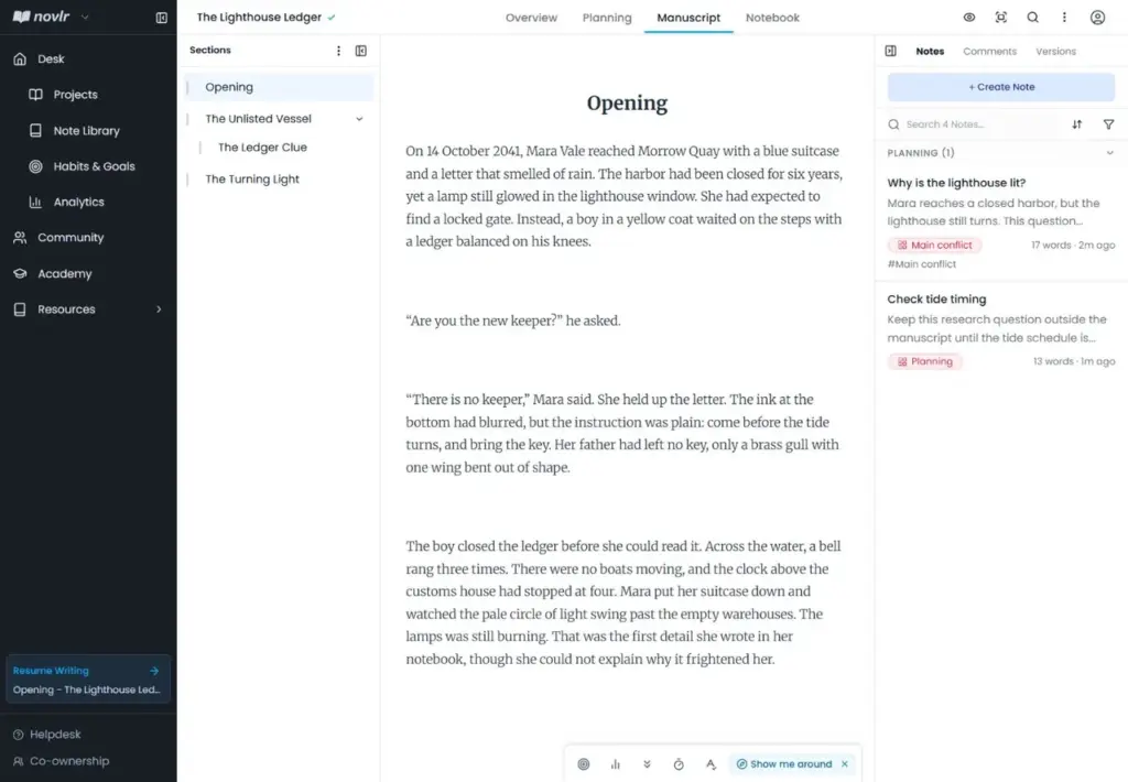 Novlr planning notes displayed beside manuscript prose