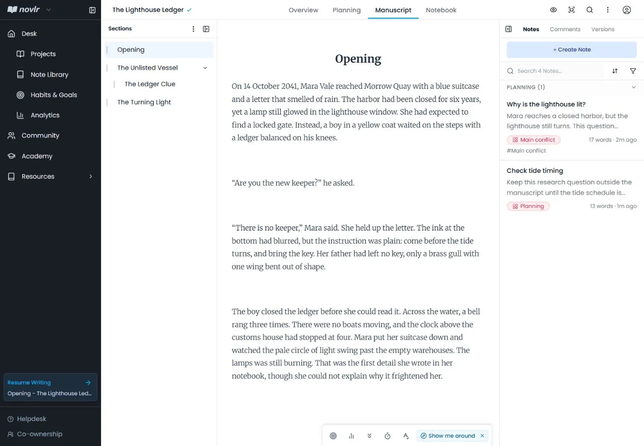 Novlr planning notes displayed beside manuscript prose