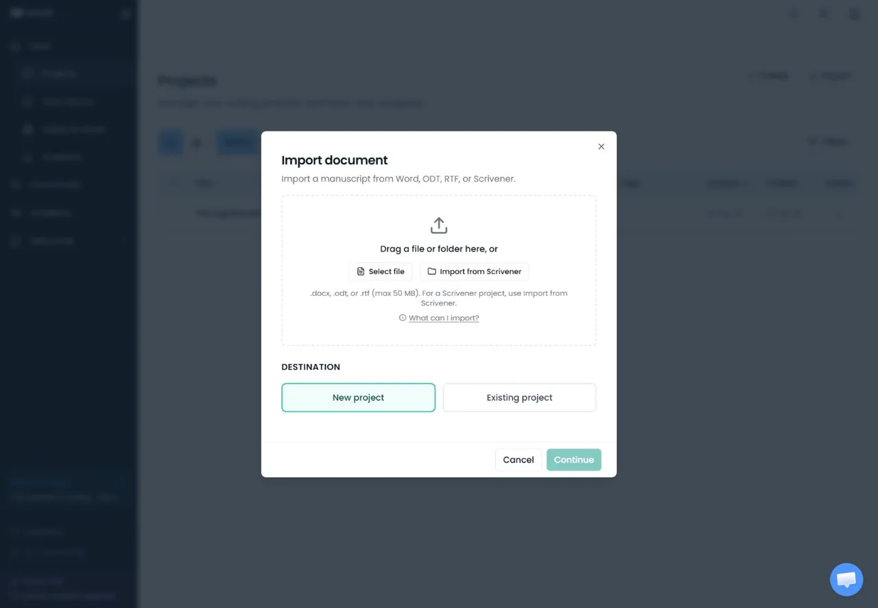 Novlr import dialog displaying RTF as a supported format