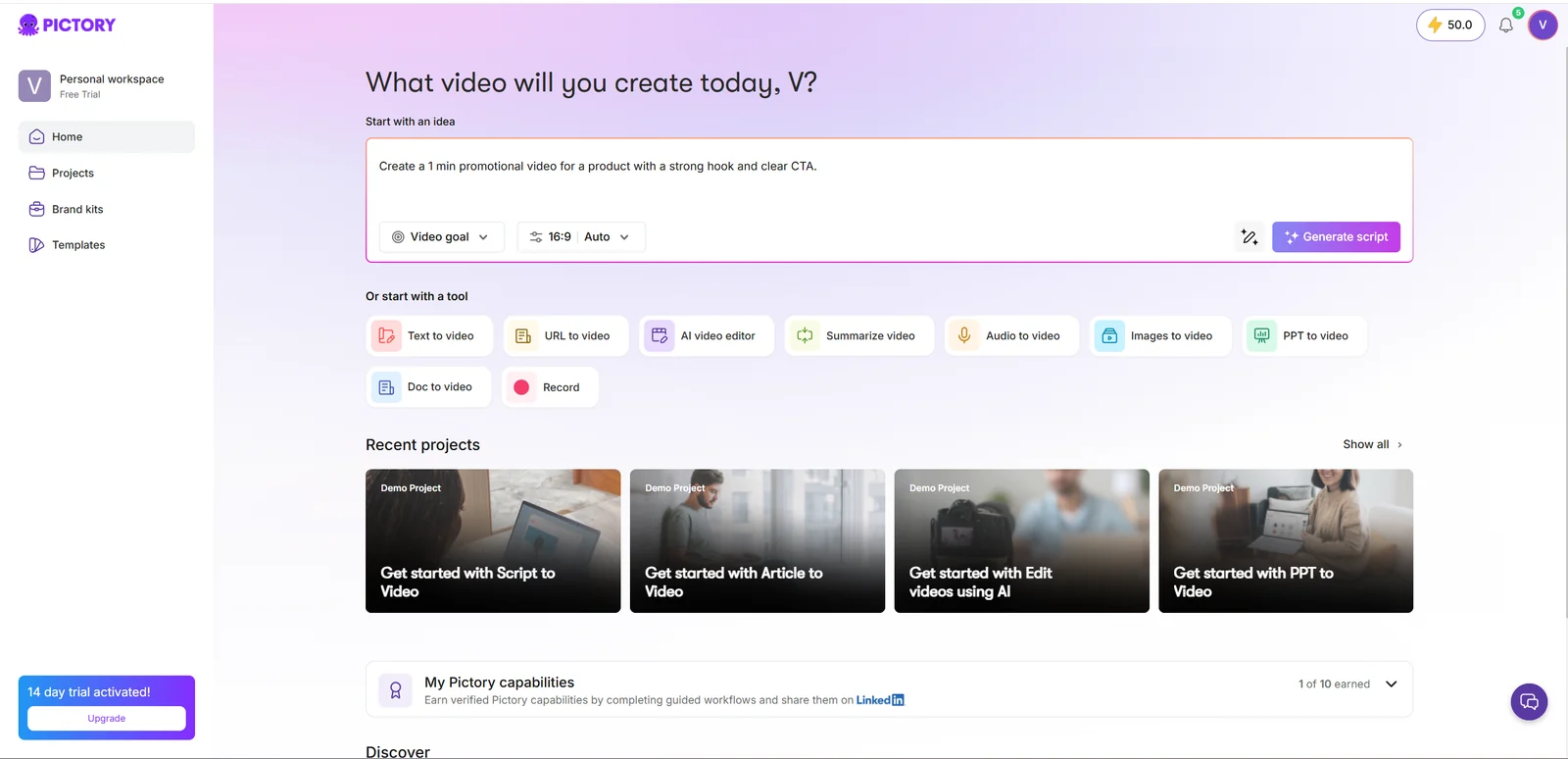 Pictory dashboard showing its video conversion workflows