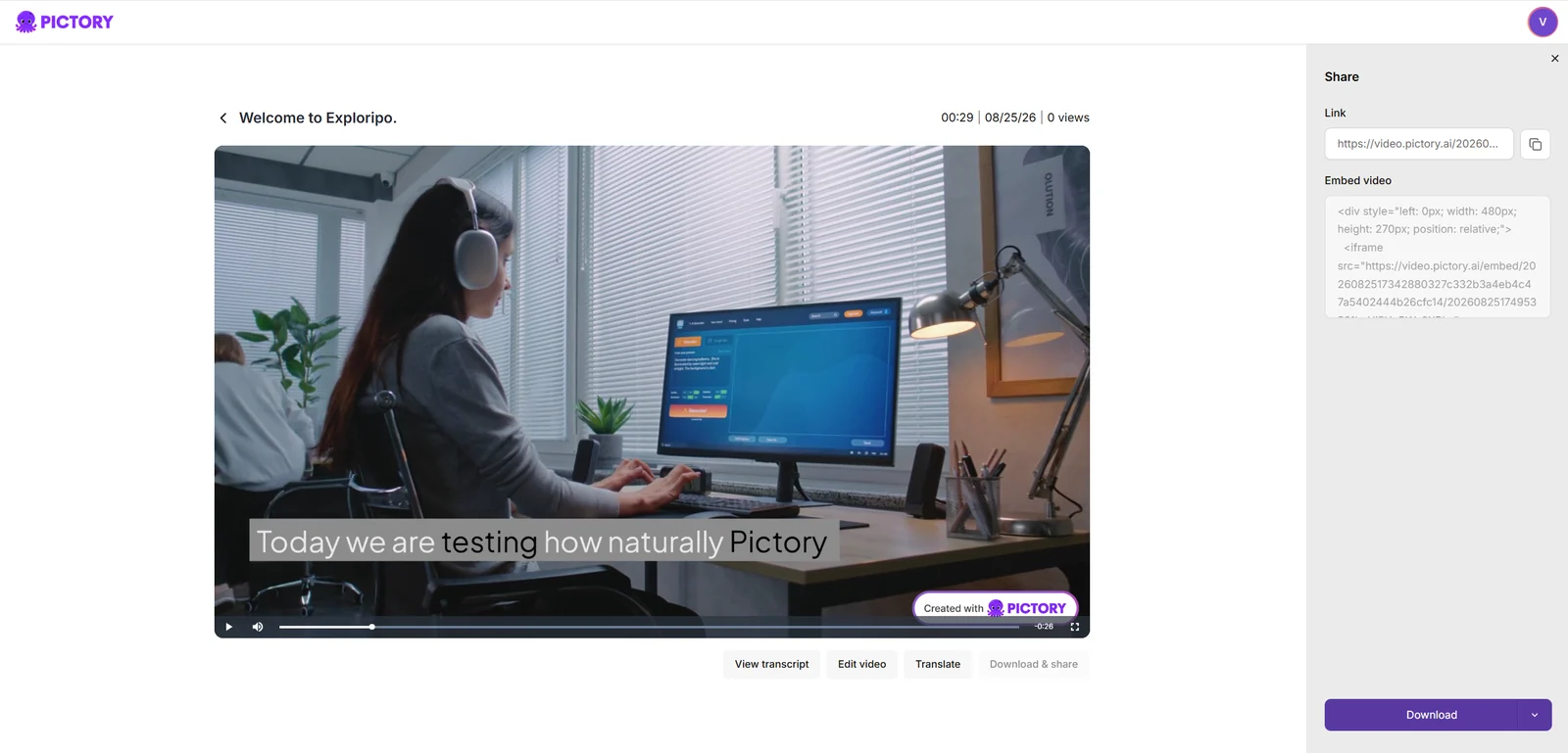 Finished Pictory video with share, embed, and download controls