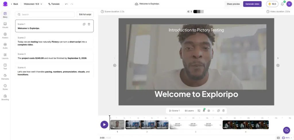 Pictory editor showing four generated scenes with captions and stock visuals