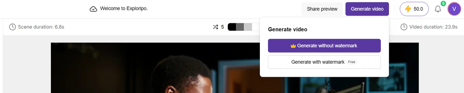 Pictory Free option explaining that the exported video includes a watermark
