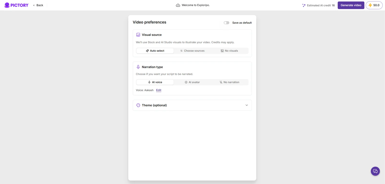 Pictory video preferences with a 16-credit pre-generation estimate