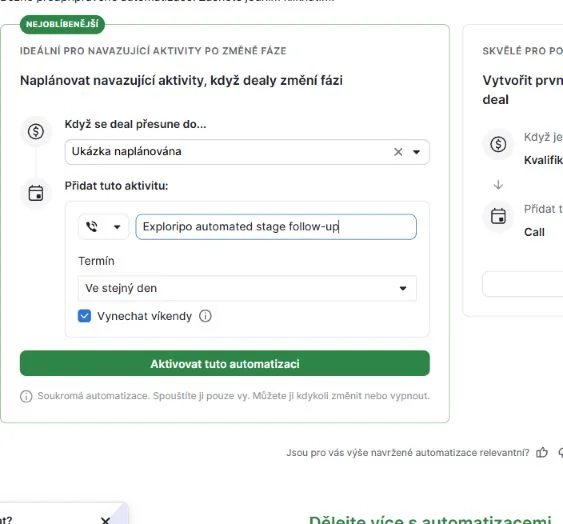 Pipedrive automation builder with a deal-stage trigger and call activity action