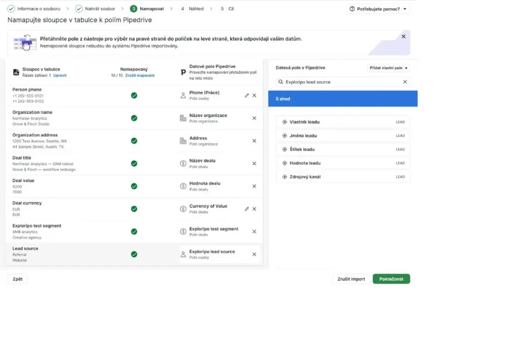 Pipedrive import mapping screen with ten mapped columns and custom fields