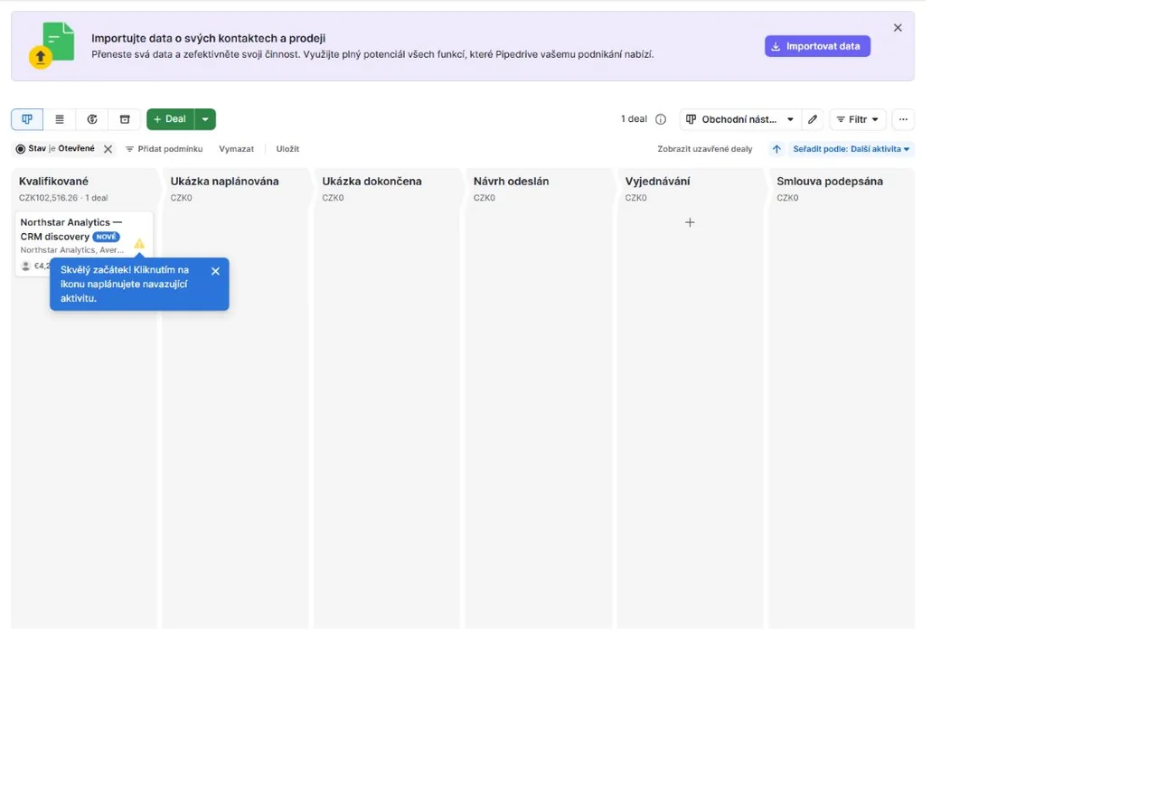 Pipedrive visual pipeline with one fictional deal and stage columns