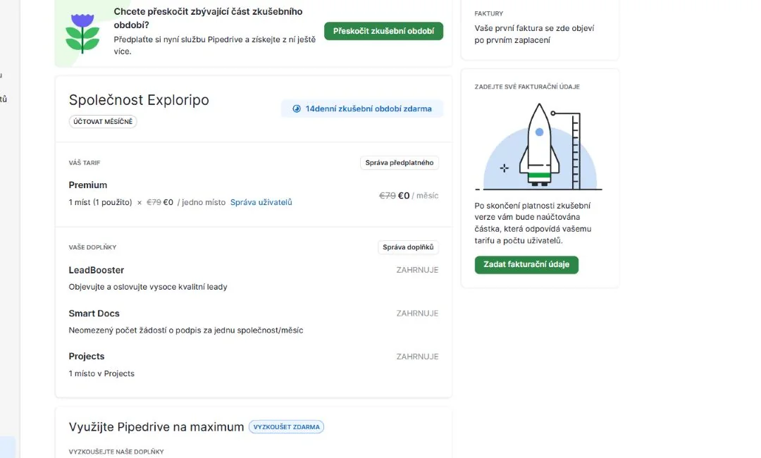 Pipedrive Premium trial screen with included LeadBooster Smart Docs and Projects
