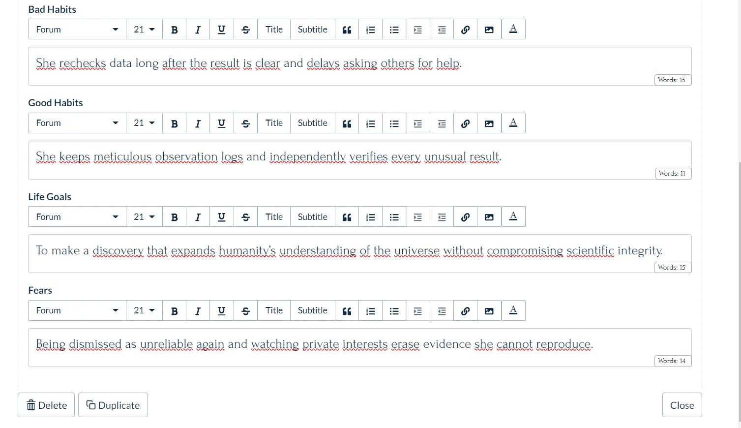 Structured Plottr Character Bio for Dr. Mara Voss