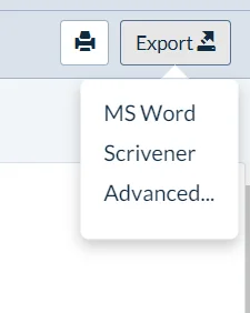 Plottr export menu with Microsoft Word, Scrivener, and Advanced options