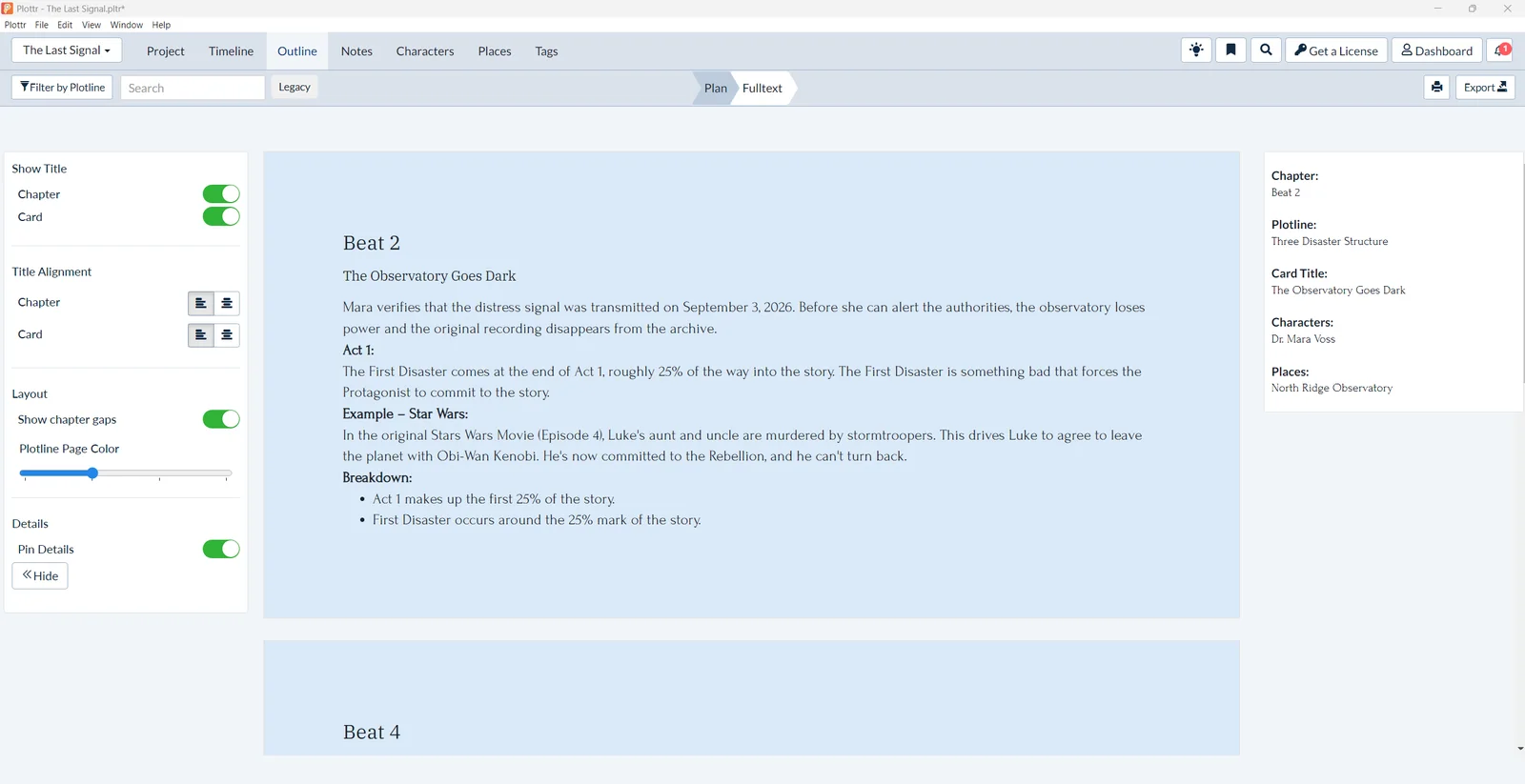 Plottr Fulltext view with scene text and pinned details