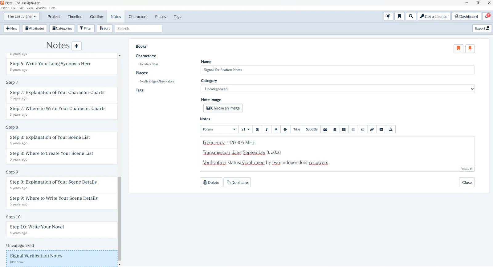Technical verification note linked to a character and place in Plottr
