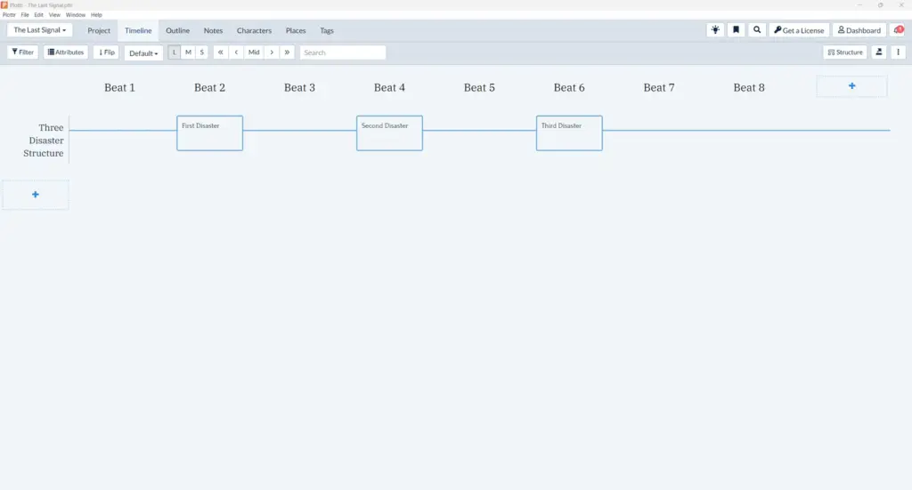 Plottr Snowflake Method timeline with eight beats and three disaster cards