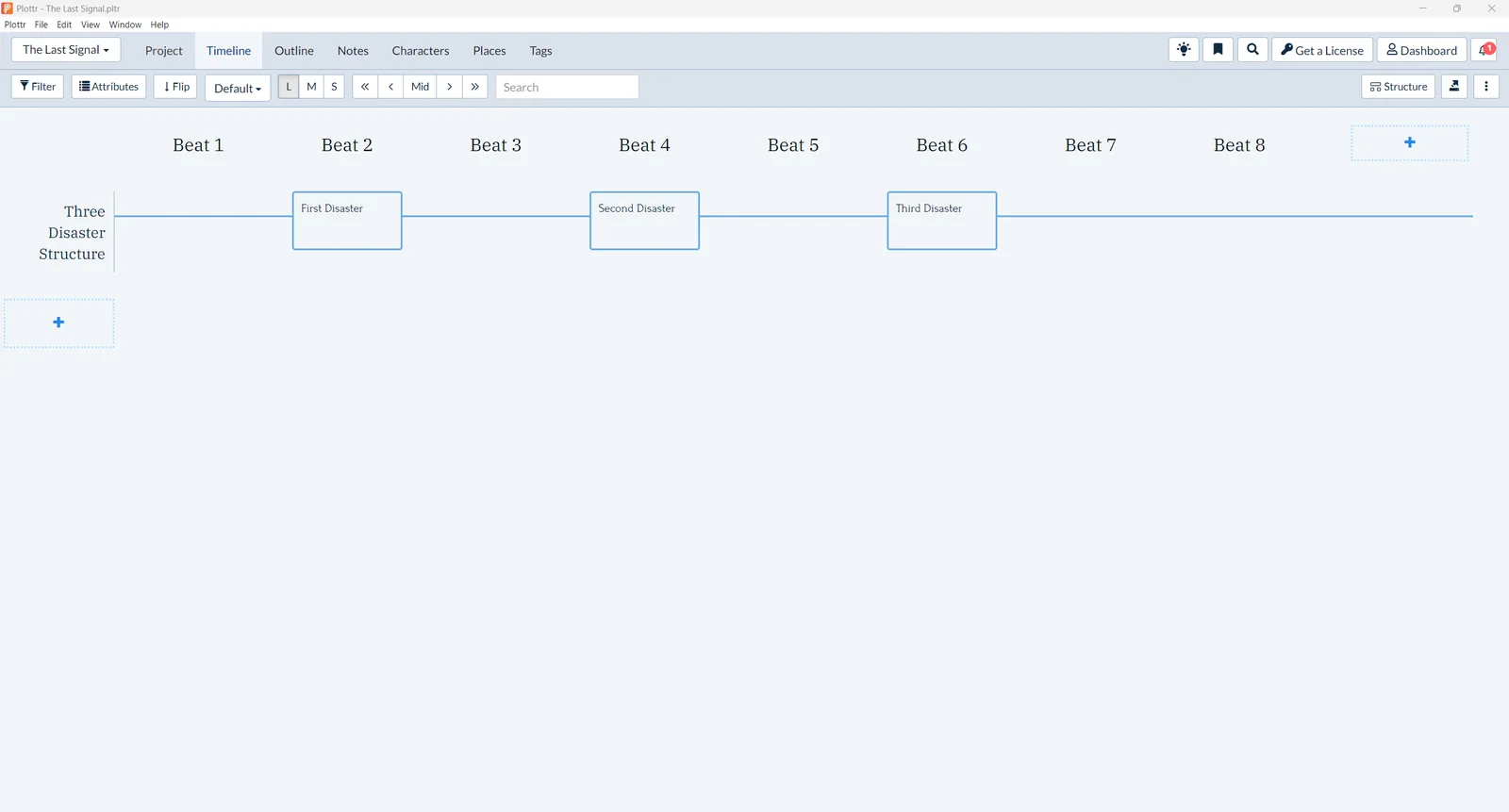 Plottr Snowflake Method timeline with eight beats and three disaster cards