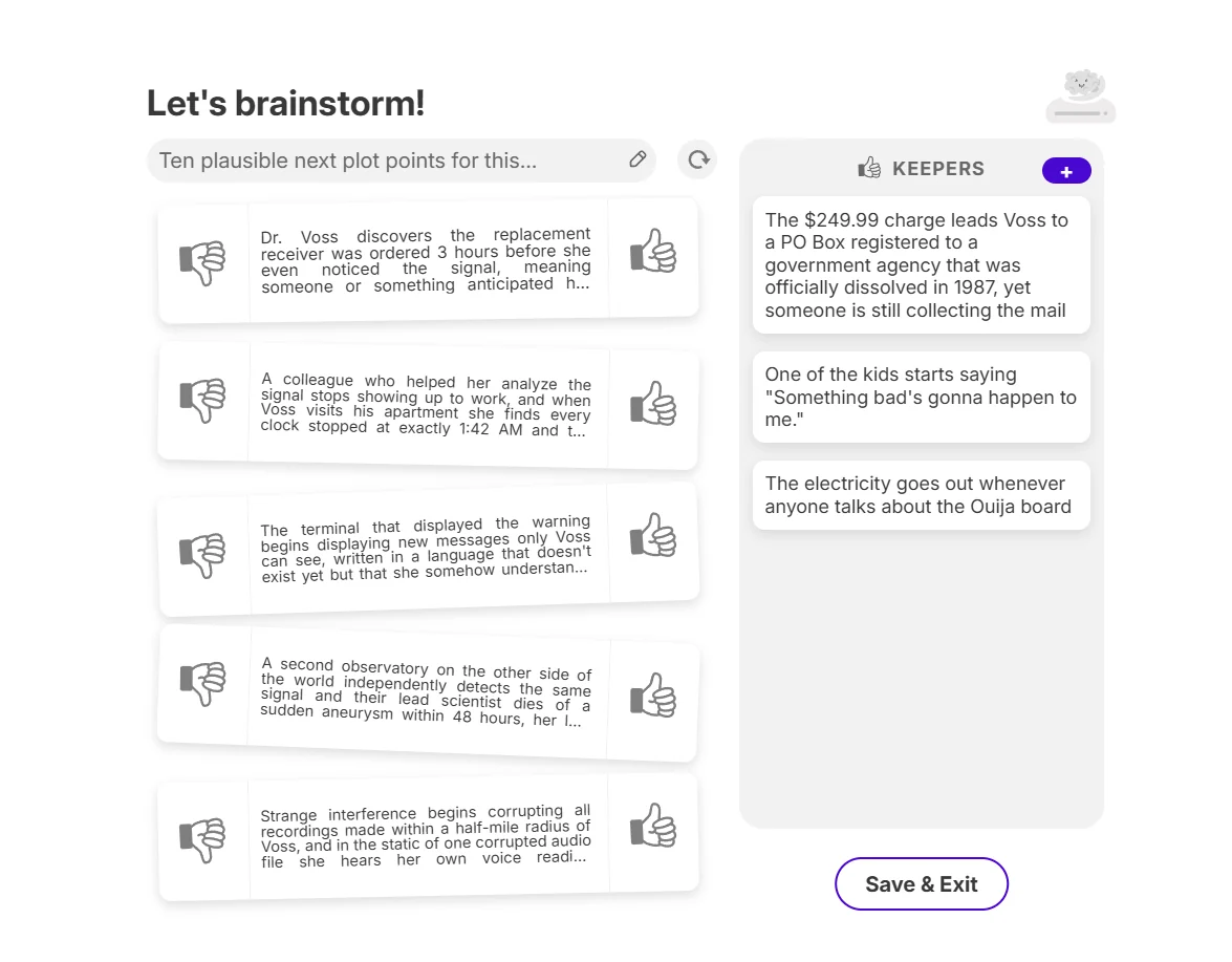 Sudowrite Brainstorm keeper and context-aware replacement plot card