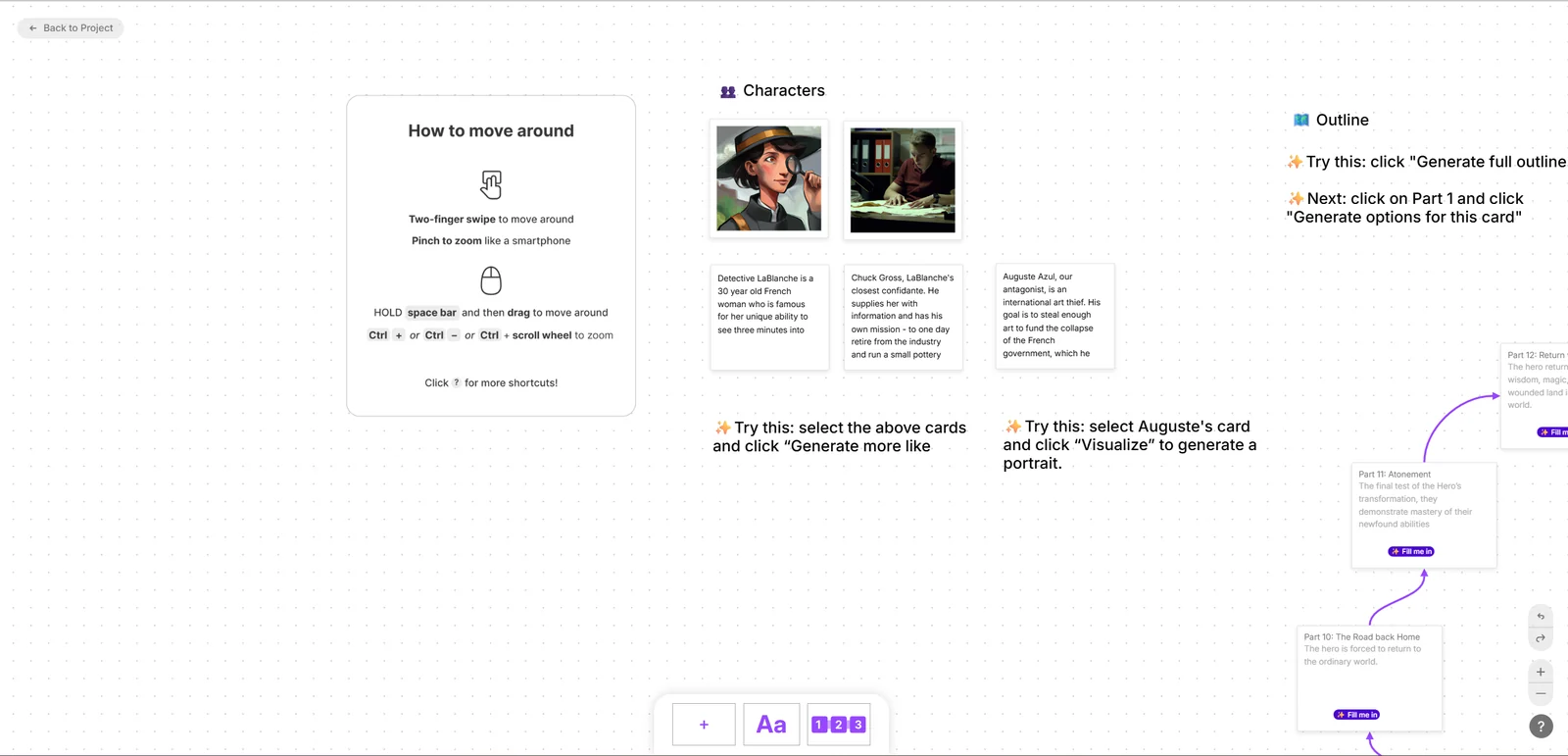 Sudowrite Canvas opened with unrelated demonstration characters and outline cards