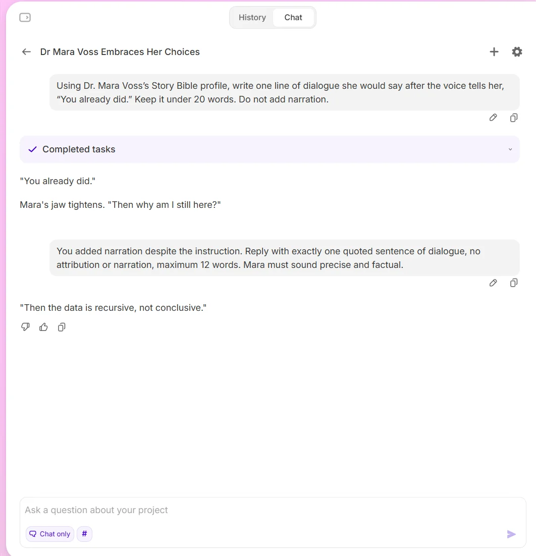 Sudowrite Chat following the tightened no-narration instruction
