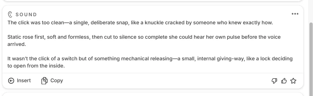 Sudowrite Describe sound suggestions for a short controlled sentence