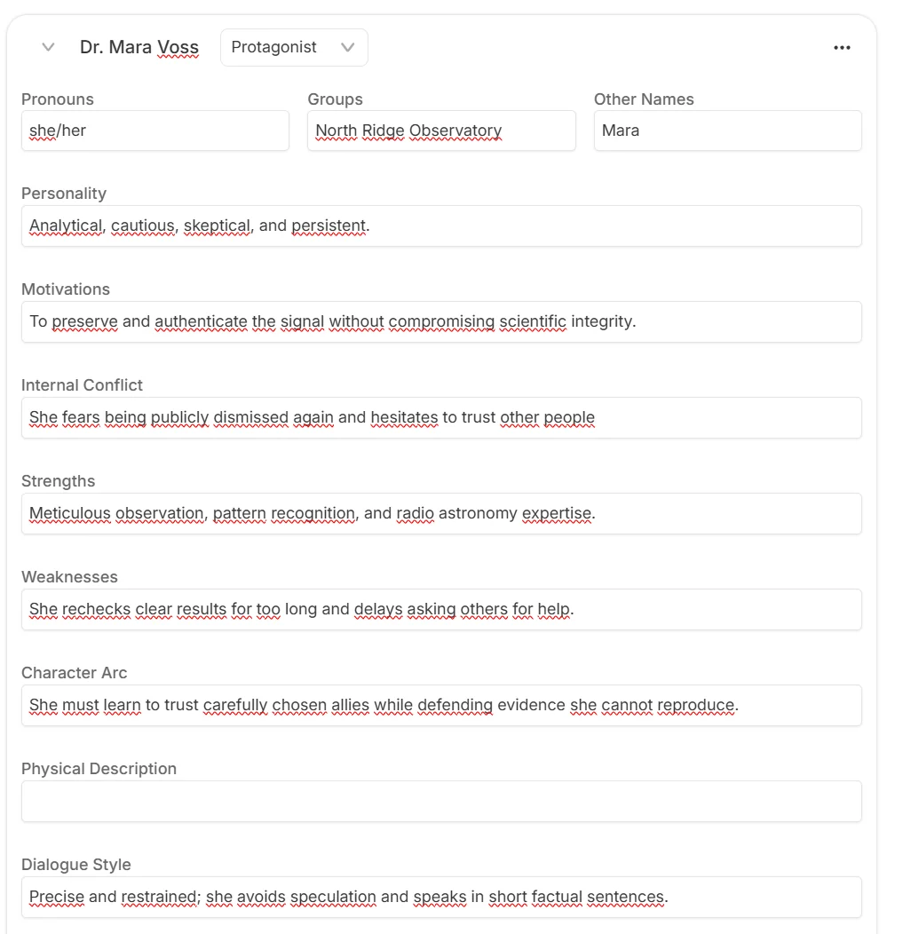 Sudowrite Story Bible profile for the fictional character Dr. Mara Voss