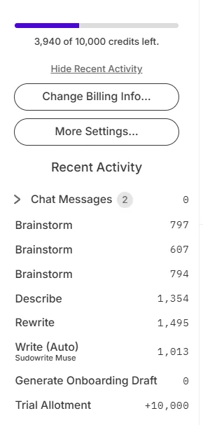 Sudowrite activity log showing 6,060 credits used during the review session