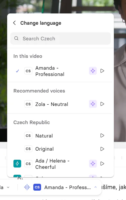 Czech voice picker in the Synthesia Free account