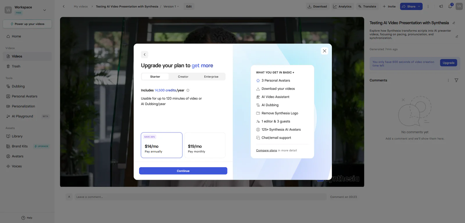 Upgrade dialog shown when downloading a Synthesia Free video