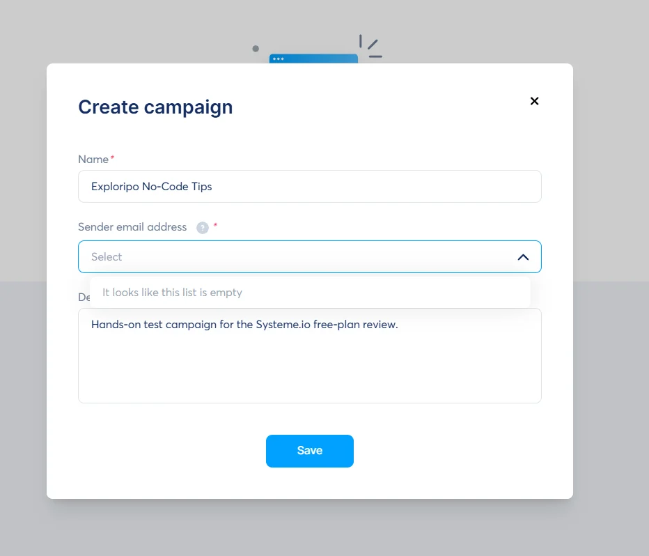 Systeme.io campaign sender list remaining empty after account email verification