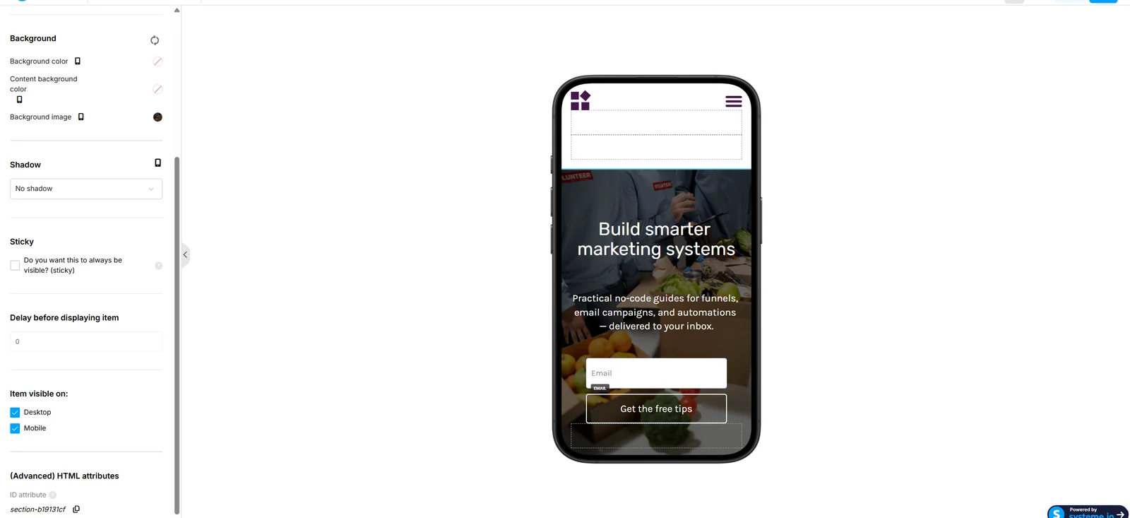 Systeme.io mobile preview with desktop and mobile visibility controls