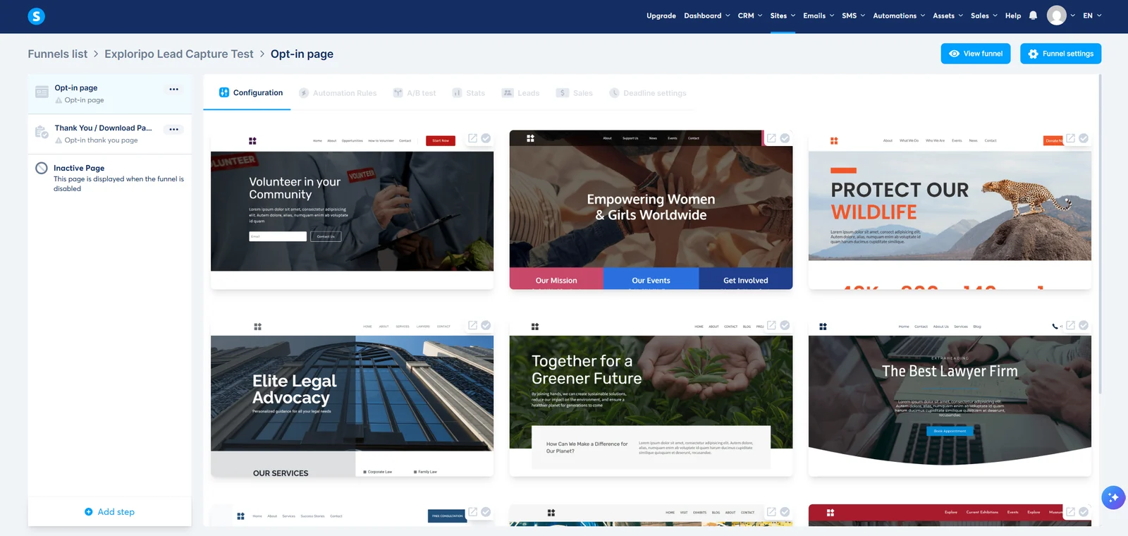 Systeme.io opt-in template gallery with the generated funnel steps
