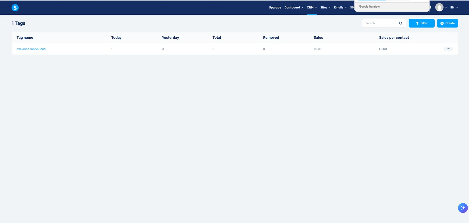 Systeme.io test tag showing one successful automation run