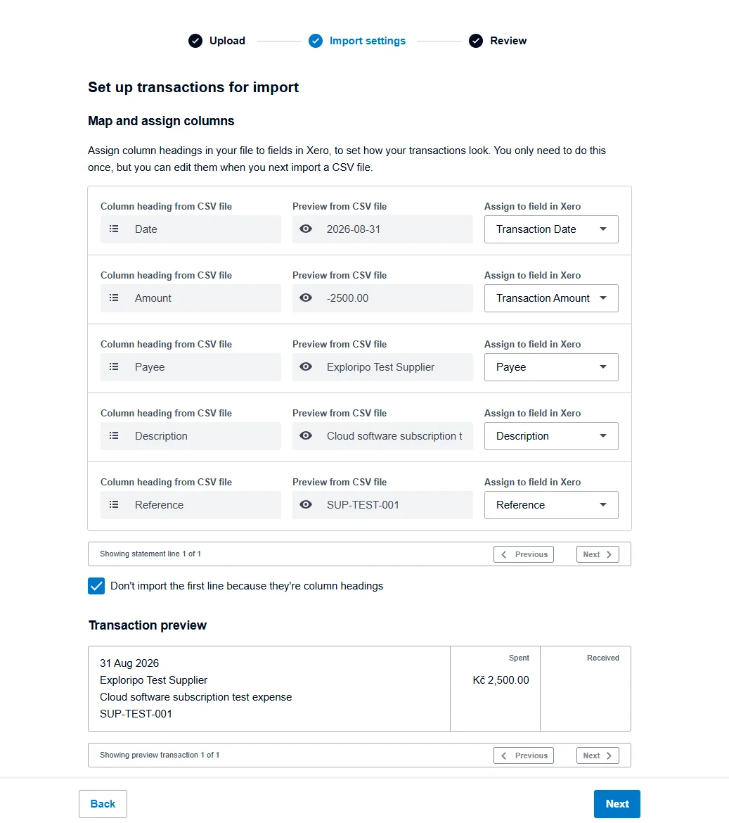 Xero CSV bank import mapping with a preview of the fictional CZK 2,500 debit